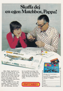 Reklam för byggsatser från Matchbox, med en pappa och en son som sitter vid ett bord