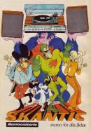 Illustration av fyra udda figurer (cowboy, superhjälte, tjej, gorilla) samt en hund som lyfter upp stereo av märket Skantic