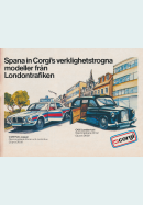 Målad illustration av en leksakspolisbil och en leksakstaxibil från företaget Corgi