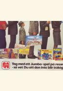 Annons för brädspel från Jumbo, en kö med människor där alla har ett brädspel bredvid sig