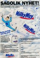 Målad illustration av en klämkäck man som på ett magiskt vis flyger bredvid produkter prydda med loggan av chokladbiten Milky Way