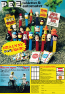 Reklam för godiset PEZ med en mängd PEZ-automater på en illlustrerande bild
