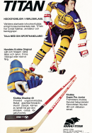 Reklam för ishockeyprylar från TITAN med en ishockeyspelare i full karriär