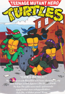 Reklam för Teenage Mutant Hero Turtles och deras leksakslinje. Bilden visar de tecknade fyra sköldpaddorna och logotypen för serien.