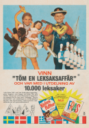 Reklam för en tävling med varumärkena Kalaspuffar och Fras-kuddar där man kan vinna leksaker för 10000 kronor