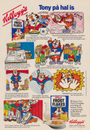 Annons för flingsorten Frost flakes där maskoten Tony Tiger åker skridskor med ett gäng barn