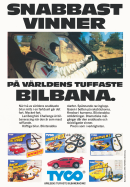 Reklam för bilbana från Tyco med en bild på en racerförare som sitter inne i bil