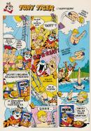 Reklam för Kelloggs Frosties frukostflingor. En seriestrip med Tony Tiger som hoppar från högsta nivån från hopptornet efter att ha ätit sina frosties