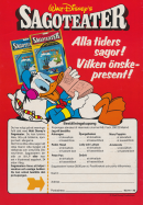 Reklam för Walt Disneys Sagoteater, med en bild på Kalle Anka som visar upp vilka sagor som finns tillgängliga att beställa mot en kostnad av 28 kr per saga